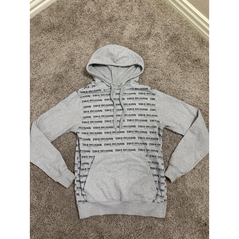 True Religion Lounge Hoodie Mens All over Print Brand Print Gray | Size Small